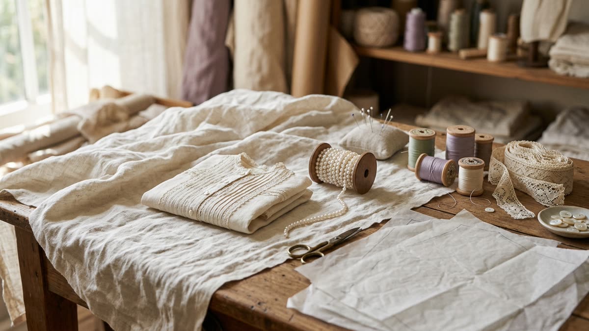 Ivory textiles, thread, lace, and pattern paper arranged on a volunteer atelier table