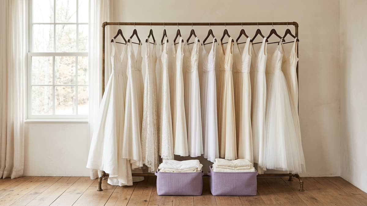 Donated formal dresses on a quiet garment rack