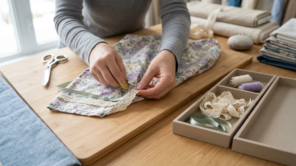 Adult hands sorting lace and reusable trim on a clean worktable