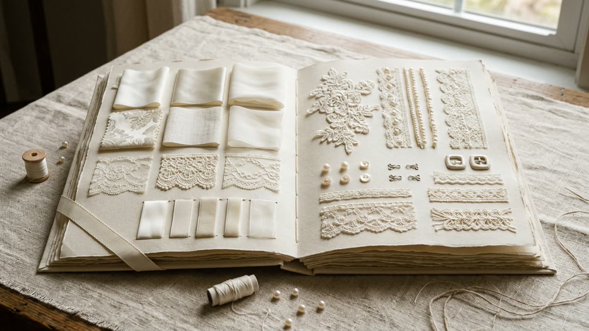 Material swatch book with fabric, ribbon, lace, and thread