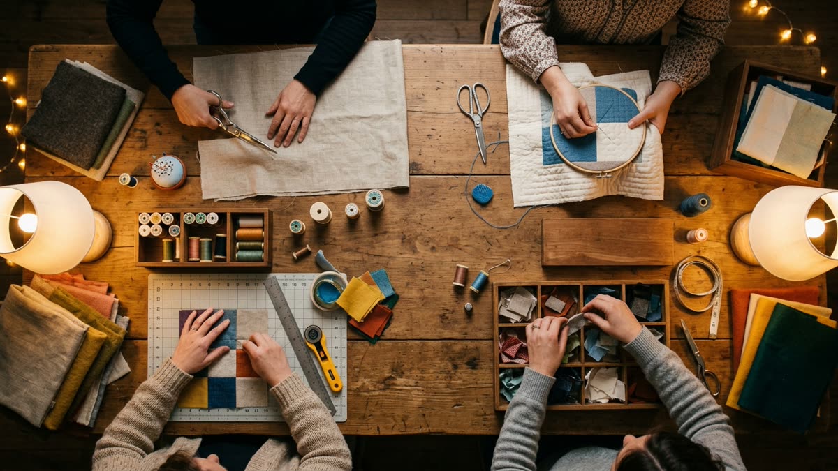 Adult volunteer hands at organized textile craft stations