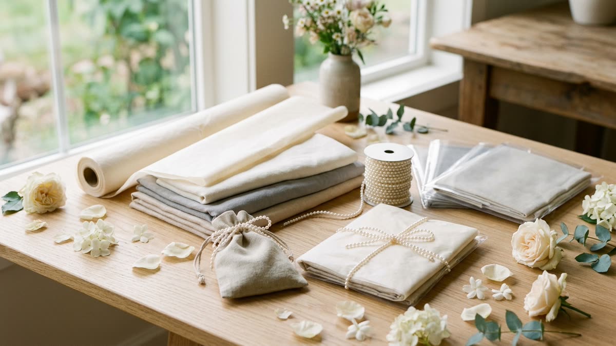 Tissue, unbranded sleeves, ribbons, and carefully folded textile parcels